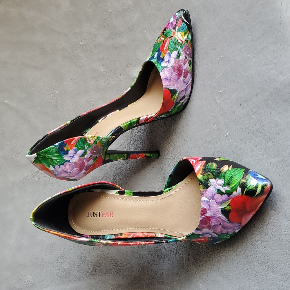 JUSTFAB Dina Black Floral Multi-Color D'Orsay High Heel Pumps WOMENS SIZE: 6.5